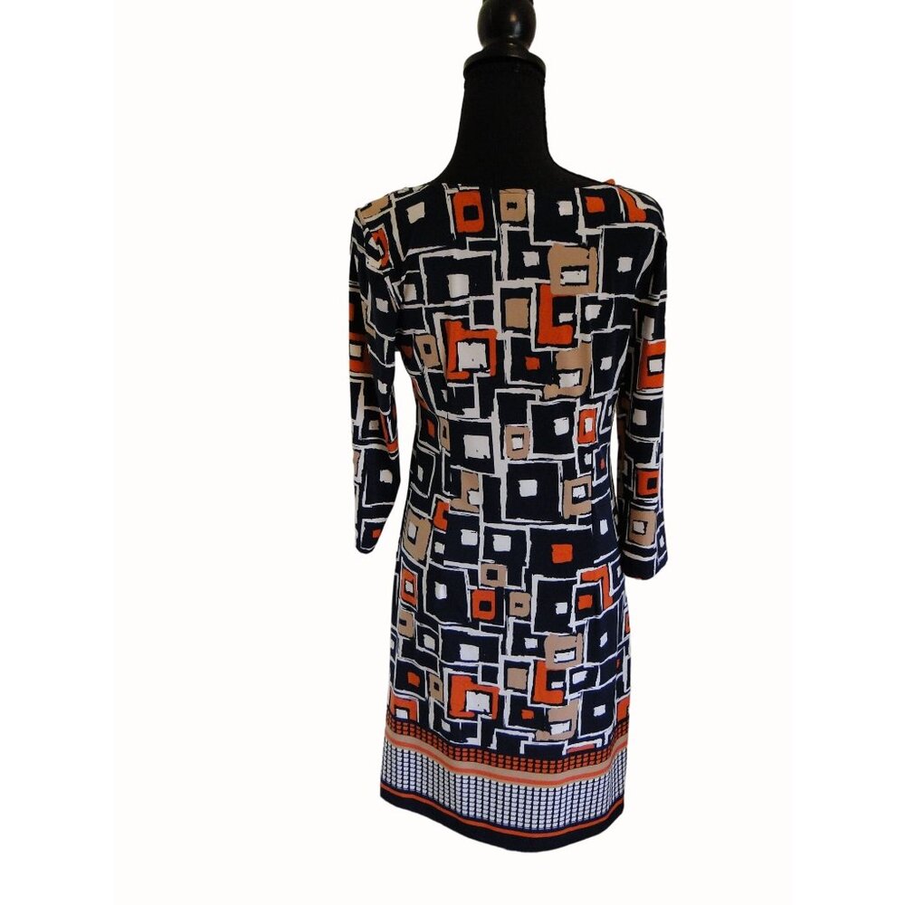 Tacera Womens Dress Mixed Geometric Design in Navy Orange Tan 3/4 Sleeve Size S - Picture 11 of 13